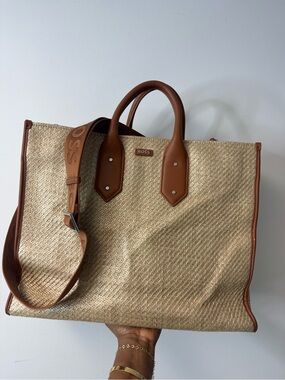 Boss Natural Straw Tote with Brown Leather Trim